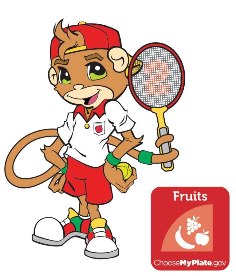 Illustration of Kids Crew character fuji alongside fruits food group icon