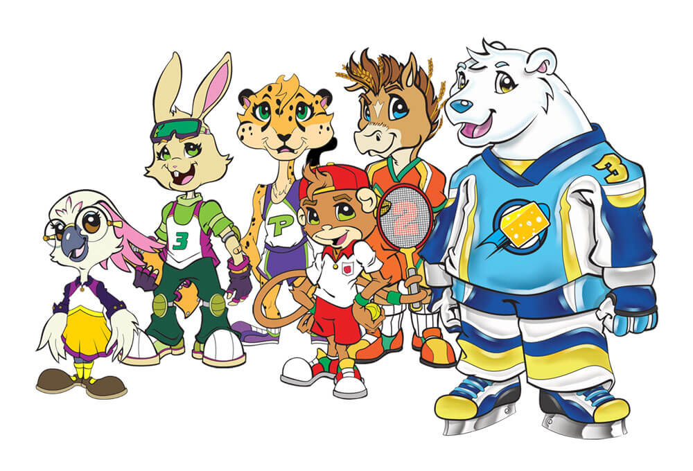 Illustration of Kids Crew group feature characters Olive, Pepper, Chia, Fuji and Colby