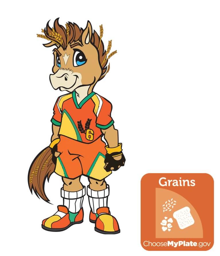 Illustration of Kids Crew character Oatis alongside grains food group icon