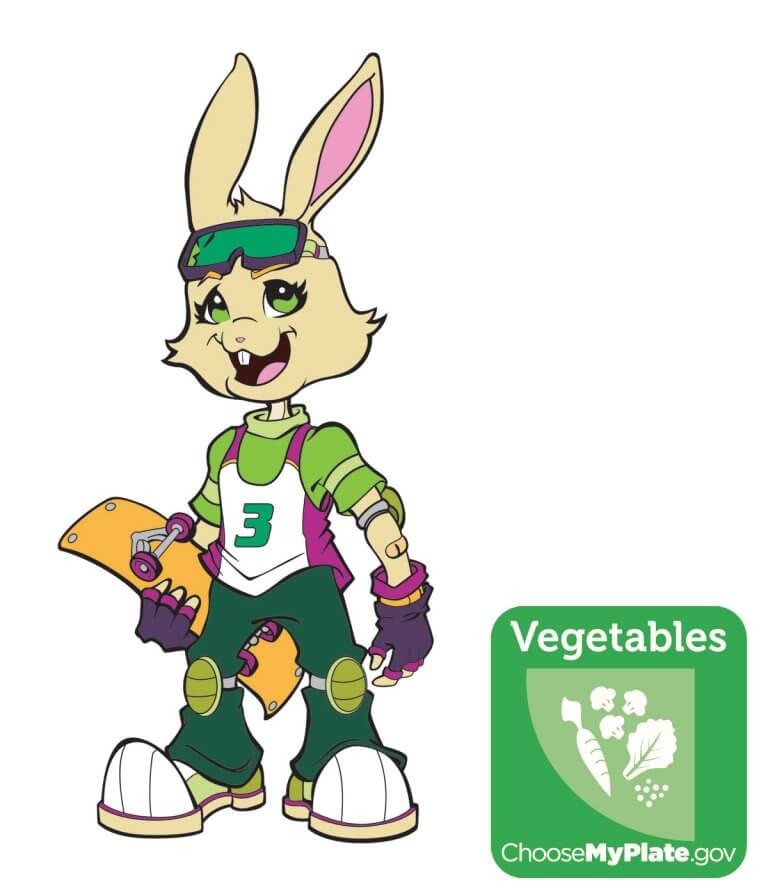 Illustration of Kids Crew character Pepper alongside vegetable food group icon